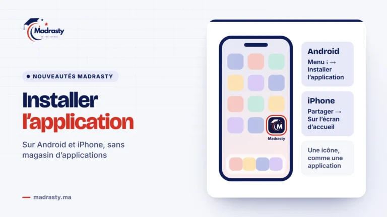 Madrasty installée sur l’écran d’accueil d’un téléphone : sur Android, menu puis « Installer l’application » ; sur iPhone, Partager puis « Sur l’écran d’accueil »