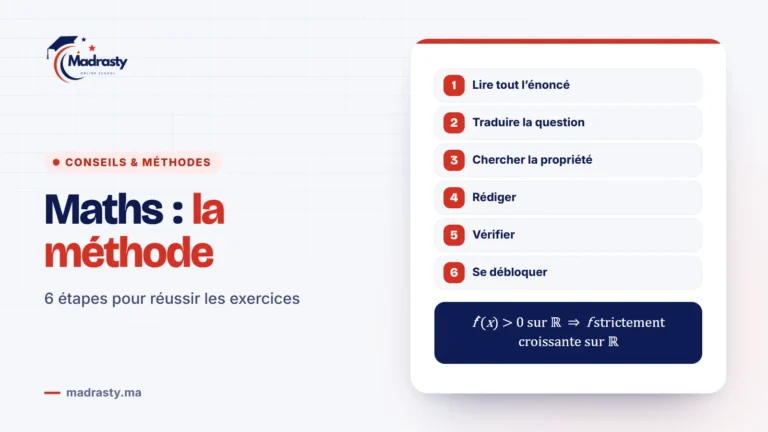 La méthode en 6 étapes pour les exercices de maths : lire, traduire, chercher la propriété, rédiger, vérifier, se débloquer ; exemple : f′(x) > 0 sur ℝ, donc f est strictement croissante sur ℝ