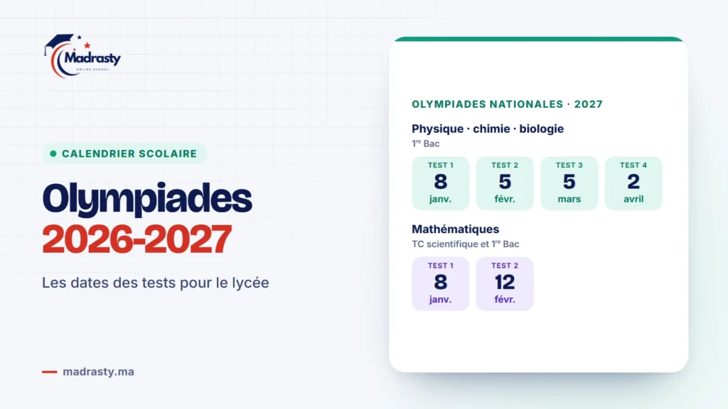 Olympiades nationales 2027 : tests de physique, chimie et biologie en 1re Bac les 8 janvier, 5 février, 5 mars et 2 avril ; tests de mathématiques en Tronc Commun scientifique et 1re Bac les 8 janvier et 12 février 2027